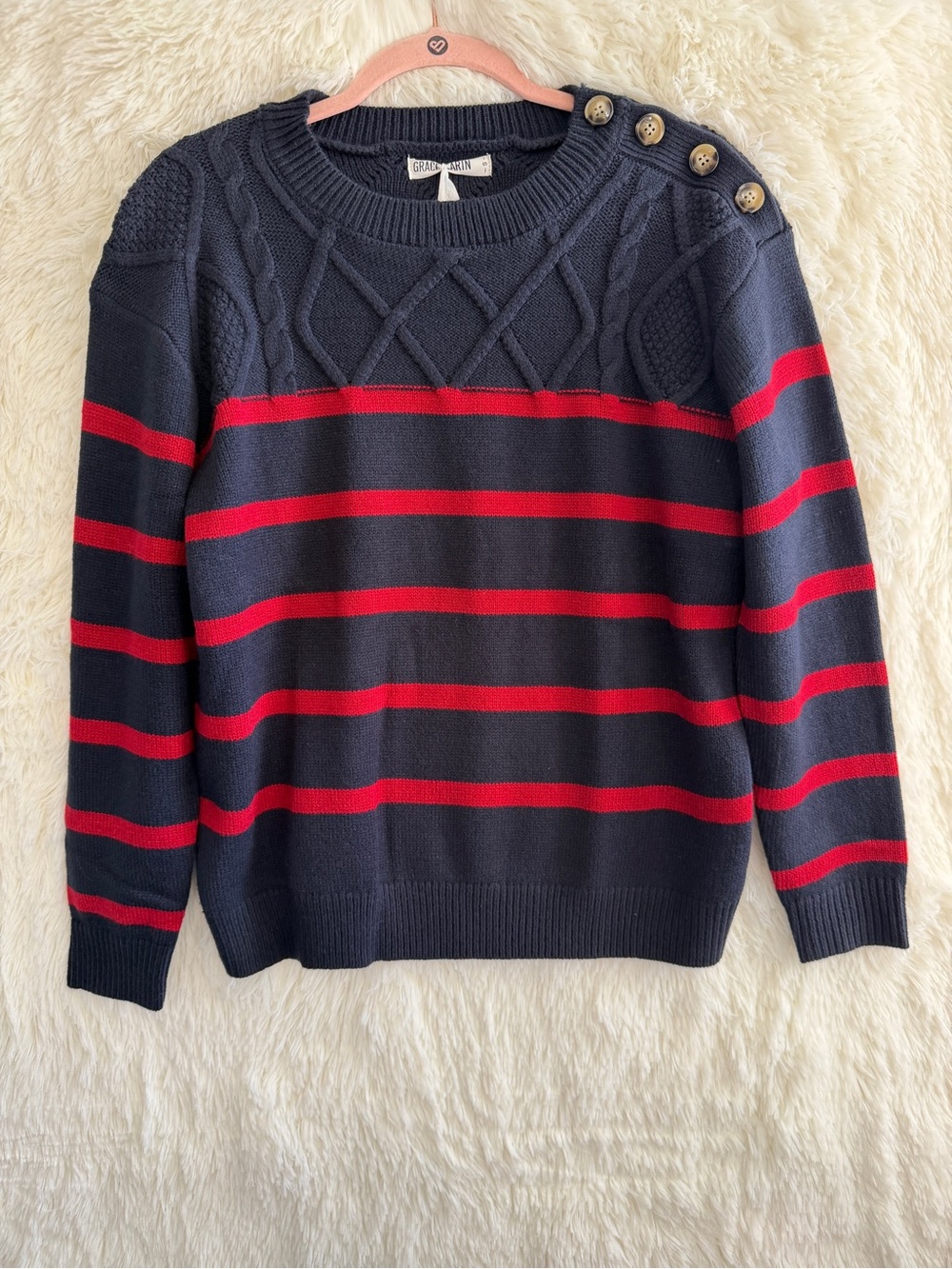 Grace Karin Womens Preppy Cable Knit Stripe Sweater Size S Blue Red Nautical NWT